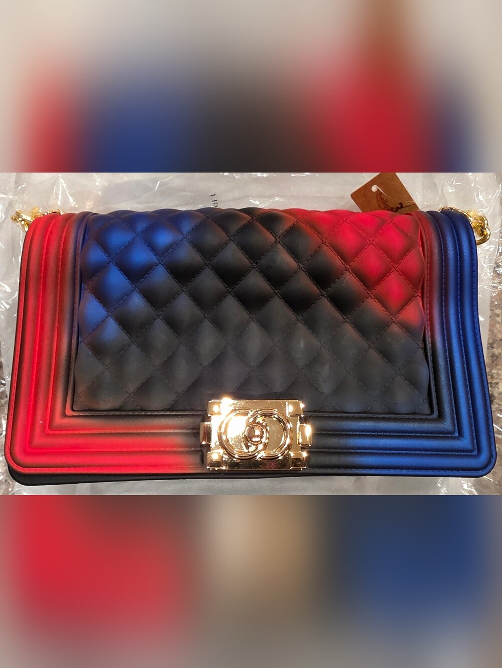 Quilted Shaped Black Shoulder Bag with Gold Hardware